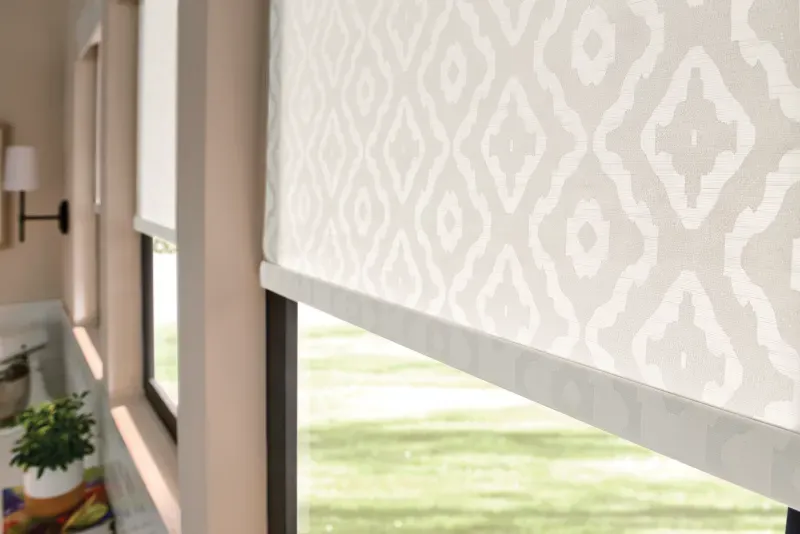 Custom roller shades installation in Southern California - Kitchen – Patterned Shade Macro Detail